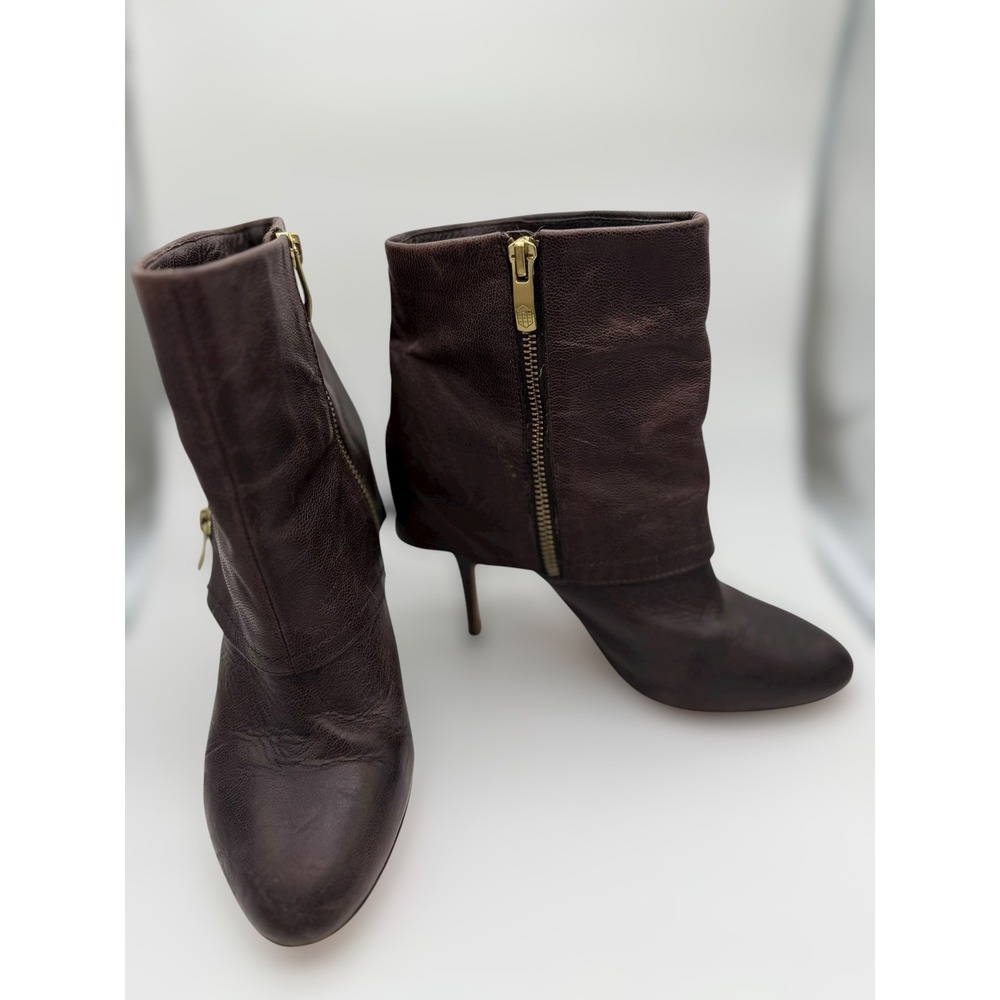 Vince Camuto Dark Brown Pebbled Leather Foldover Stiletto Ankle Boots Size 8B 38